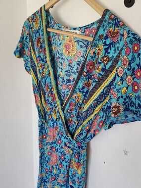 Bright Floral Mini Wrap Dress in Turquoise